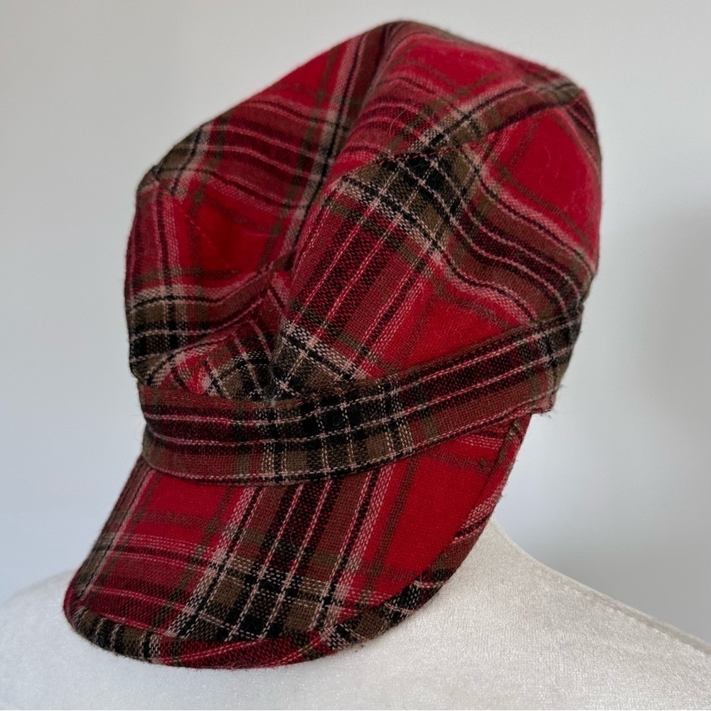 Red plaid wool blend newsboy cap hat